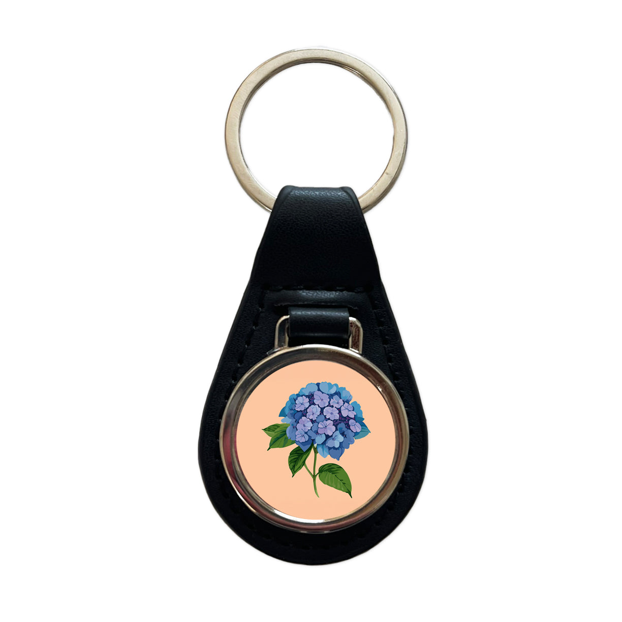 Hydrangea Flower Blue Black Leather Metal Keychain