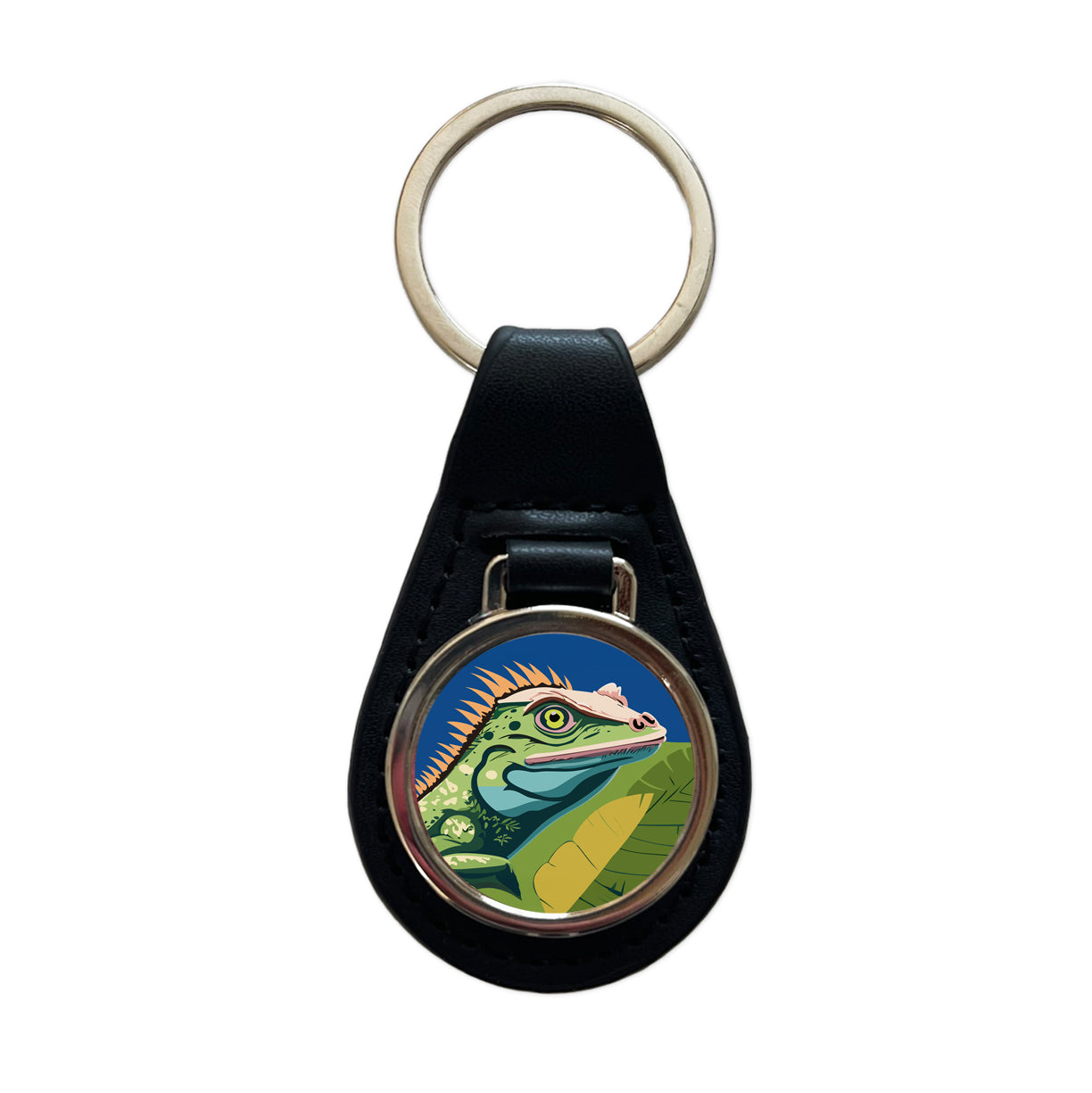 Iguana Lizard Reptile Black Leather Metal Keychain