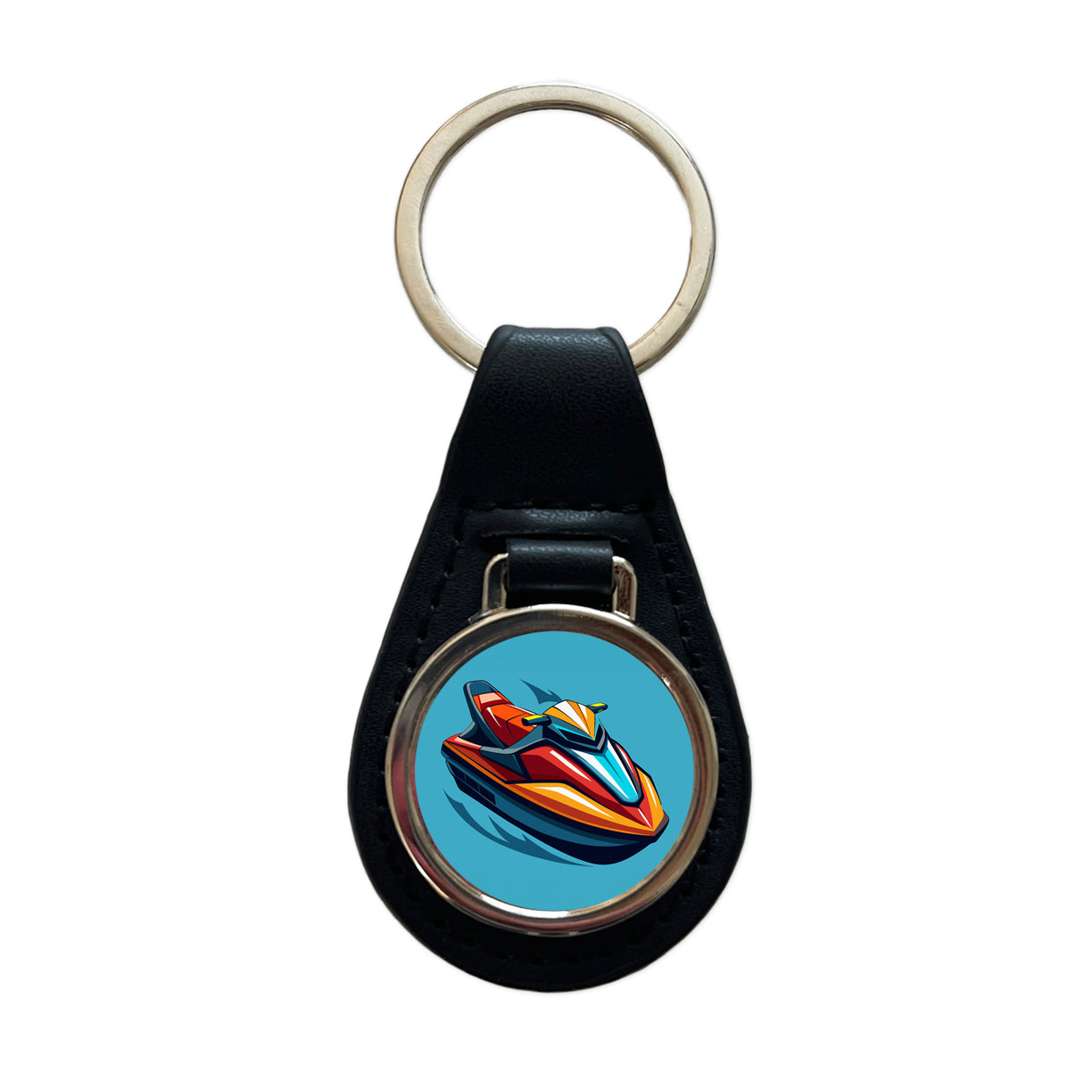Jet Ski Water Sport Black Leather Metal Keychain