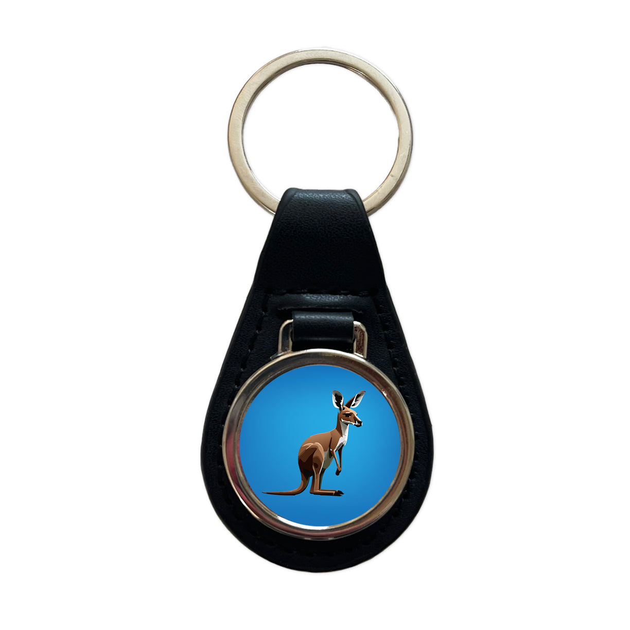Kangaroo Standing Animal Black Leather Metal Keychain