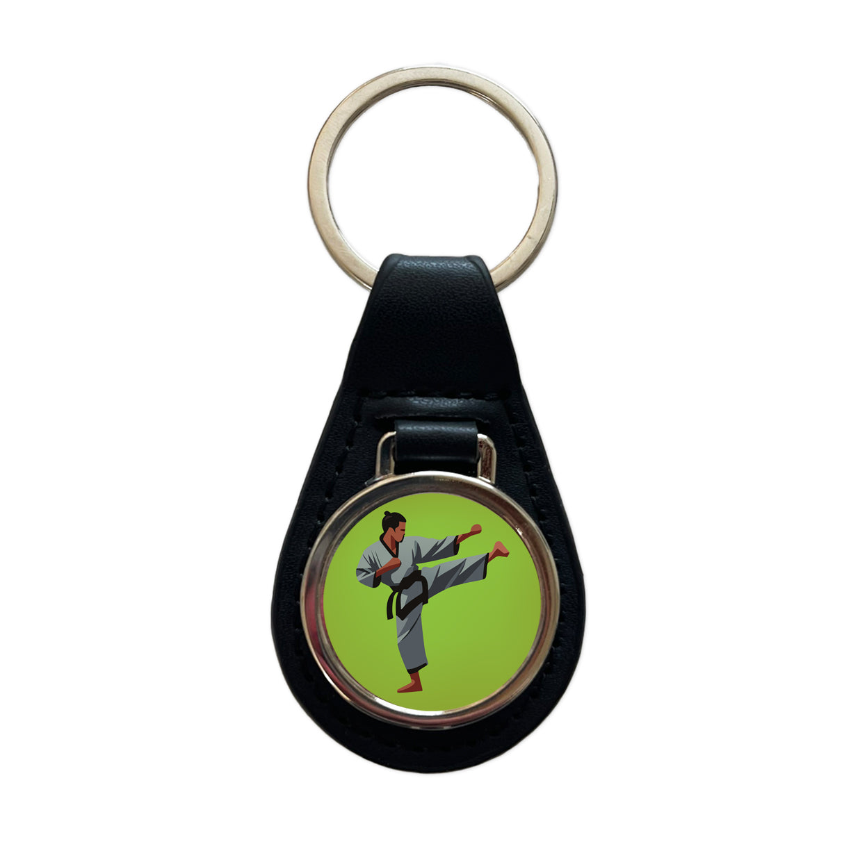 Karate Man Kick Black Leather Metal Keychain