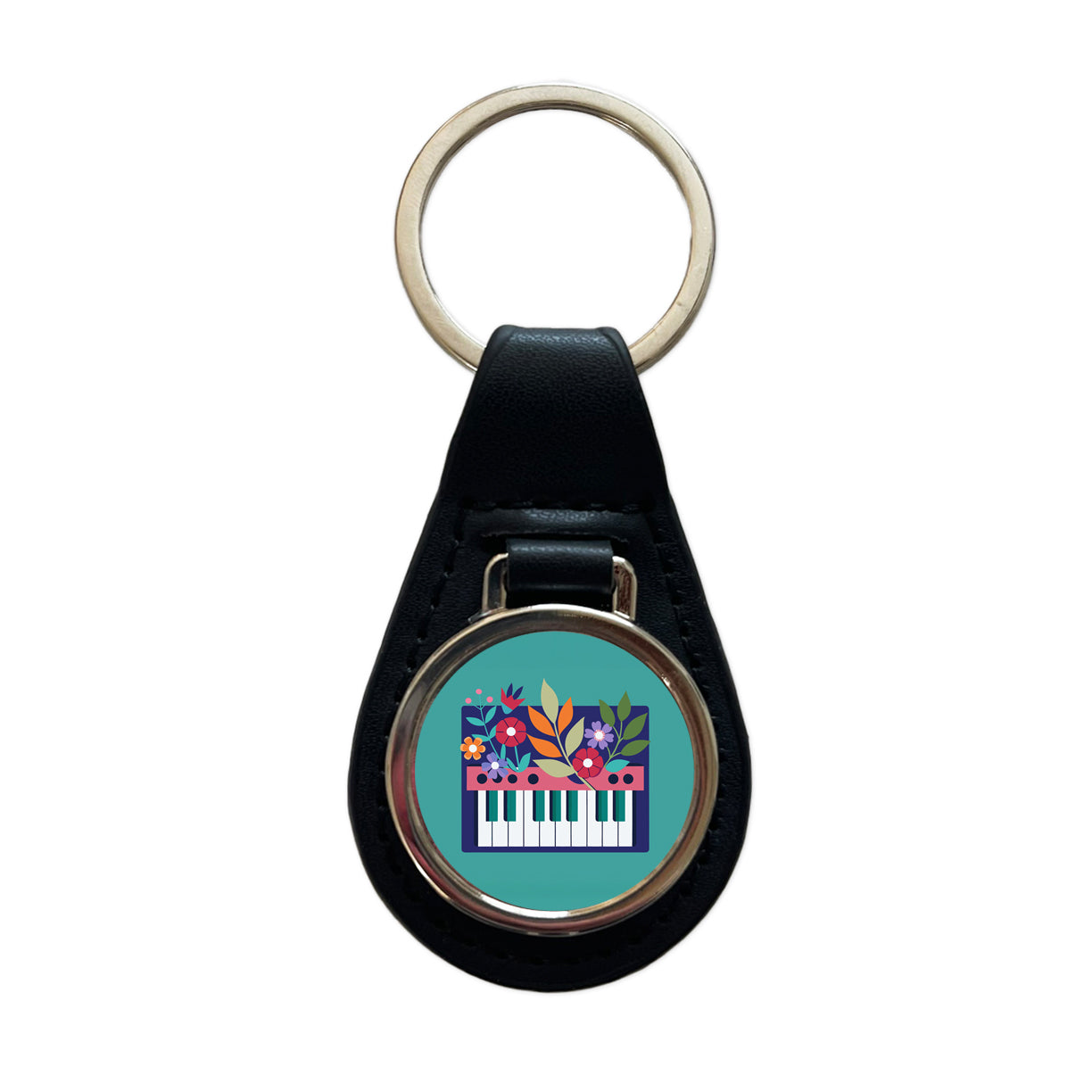 Keyboard Piano Music Floral Motif Black Leather Metal Keychain