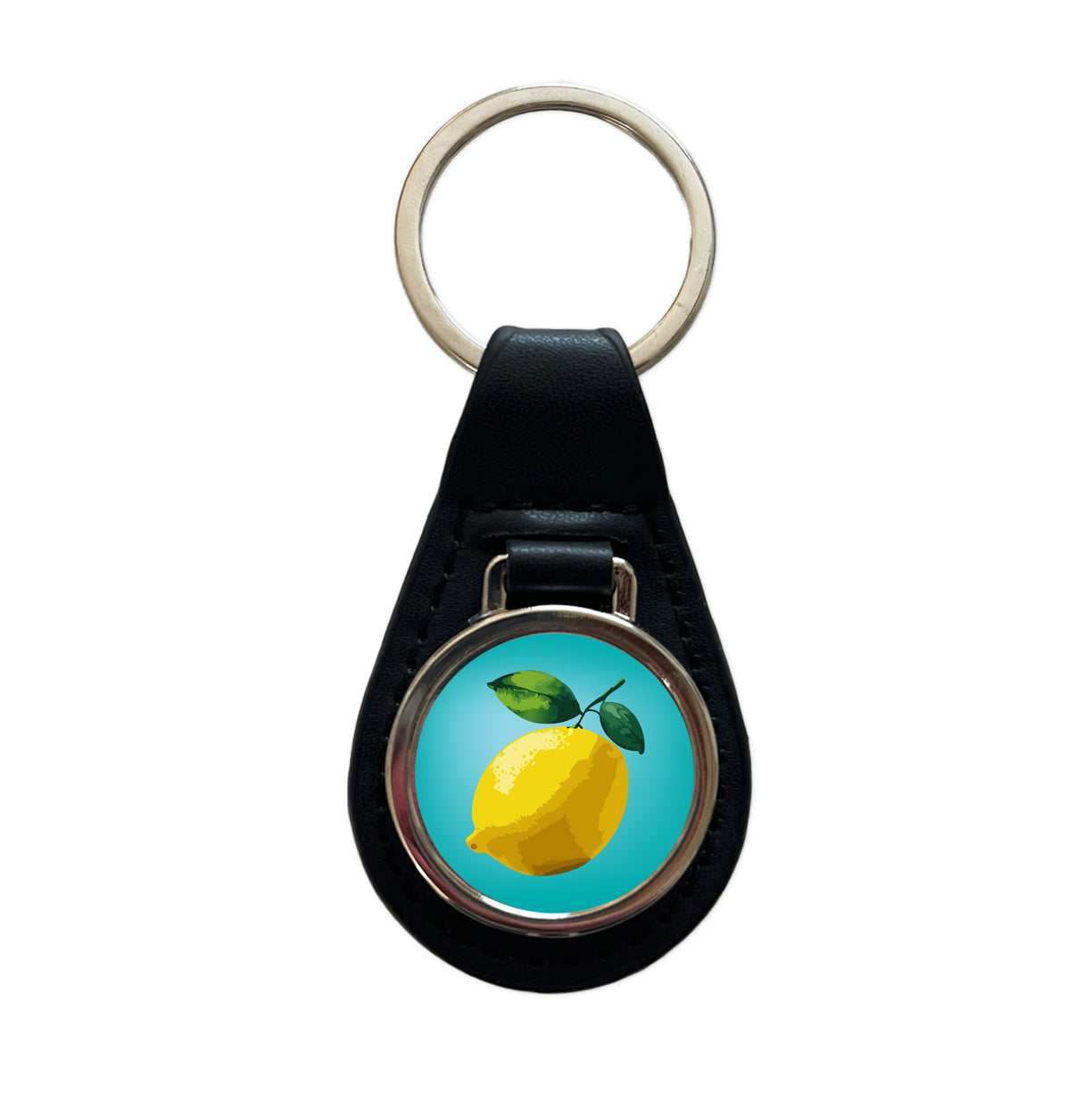 Lemon Fruit Citrus Black Leather Metal Keychain
