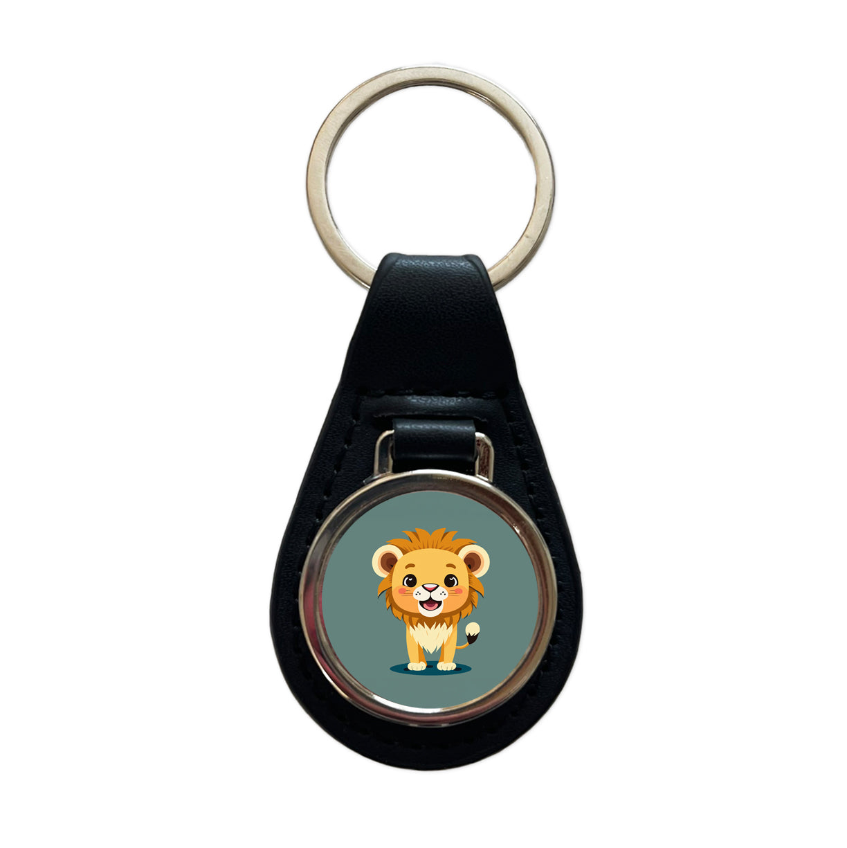 Lion Baby Smiling Standing Black Leather Metal Keychain