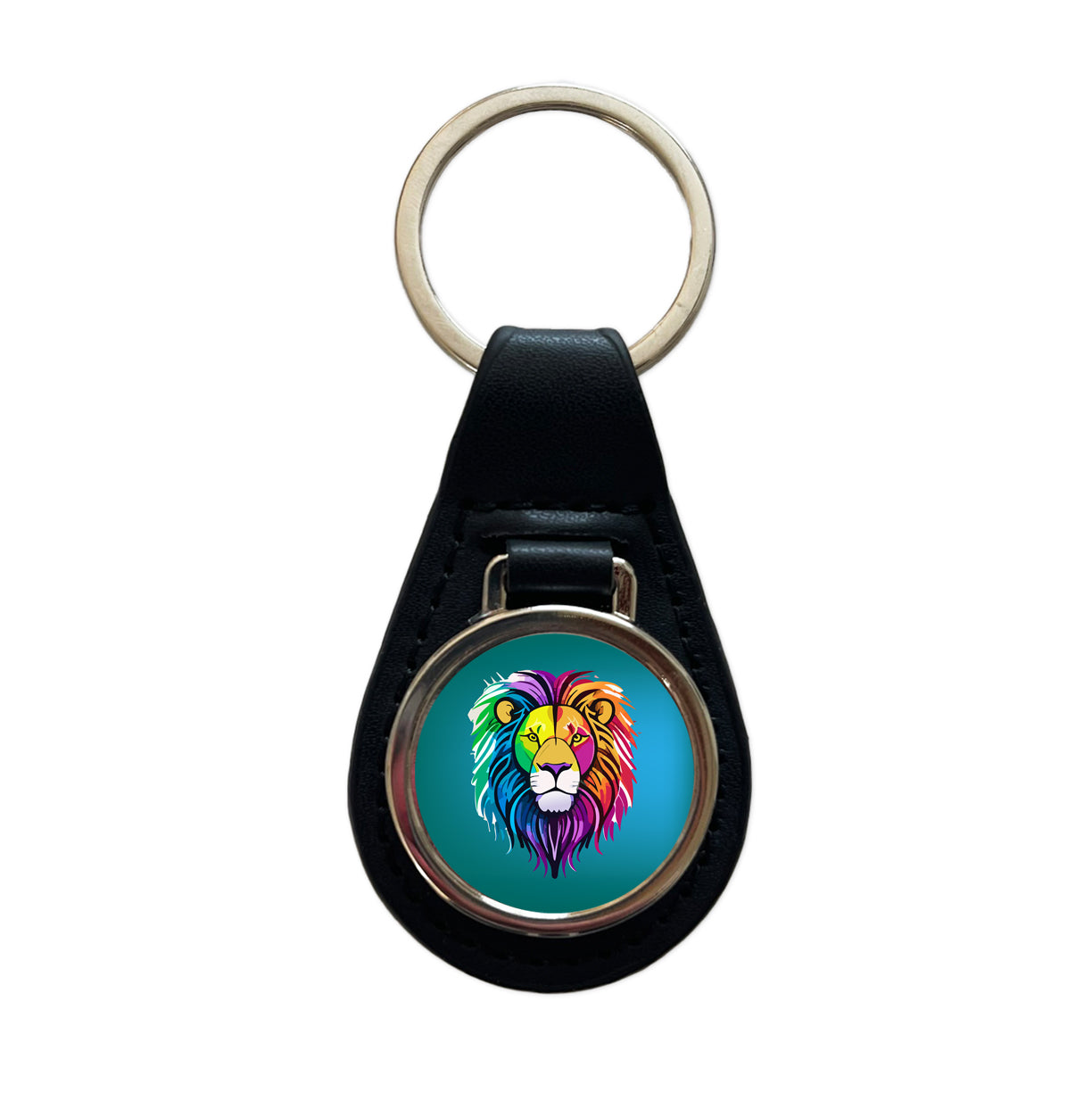 Lion Head Colorful Black Leather Metal Keychain