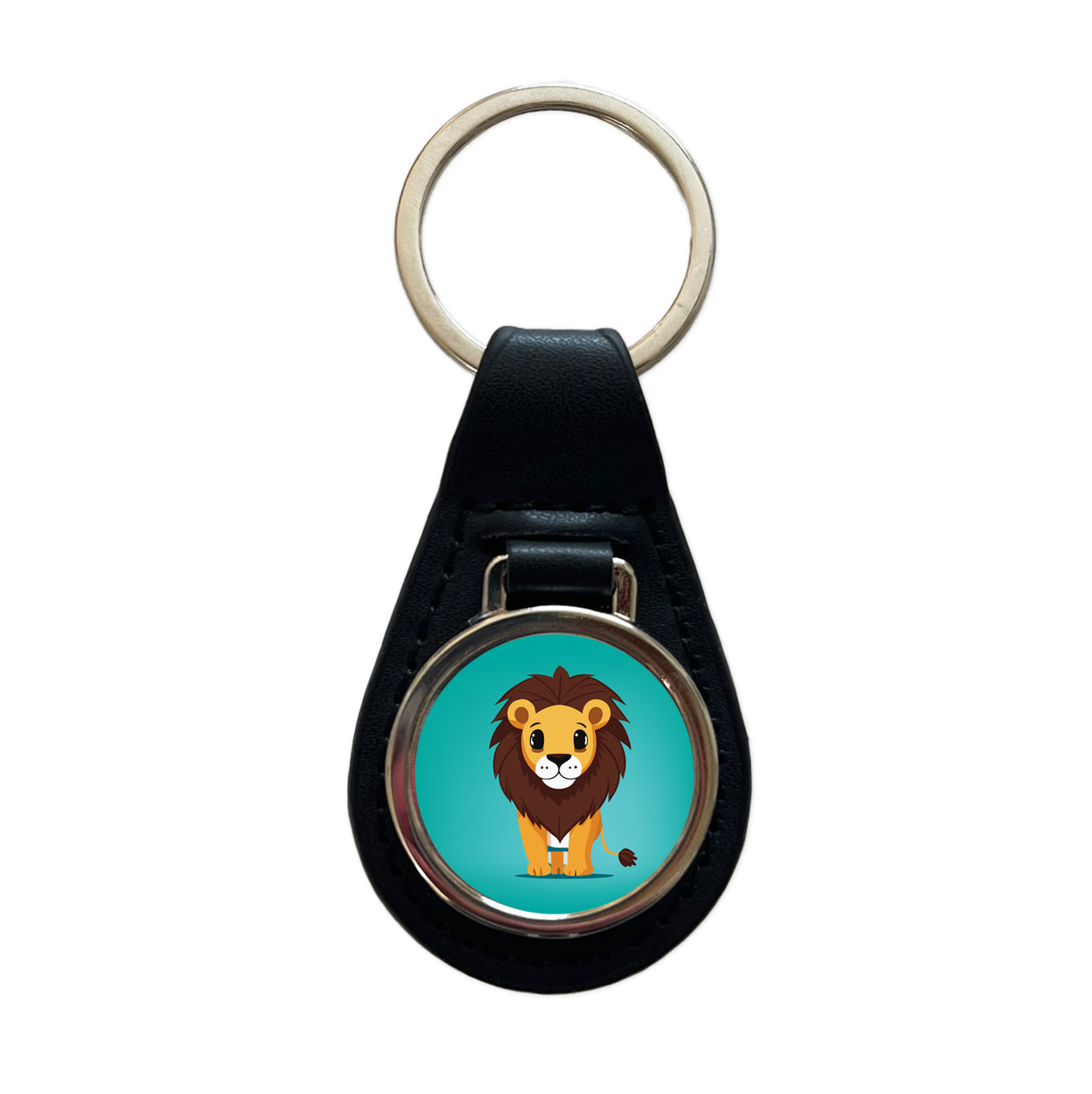 Lion Standing Black Leather Metal Keychain