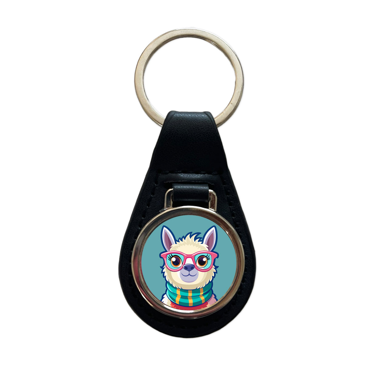 Llama Cute Wearing Glasses Black Leather Metal Keychain