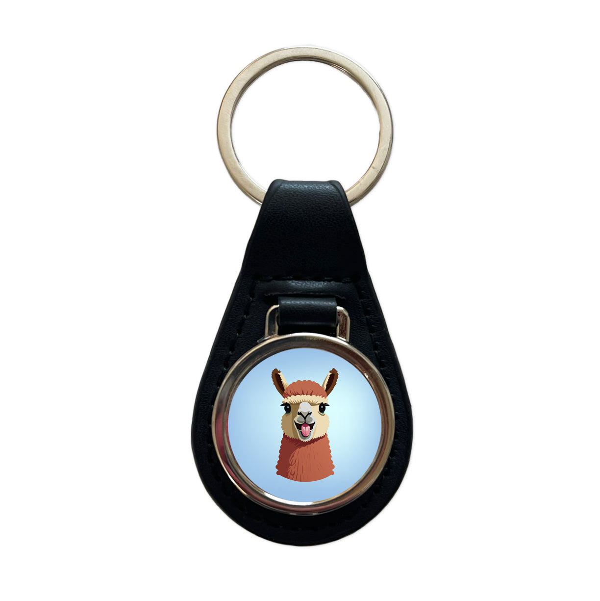 Llama Tongue Sticking Out Black Leather Metal Keychain