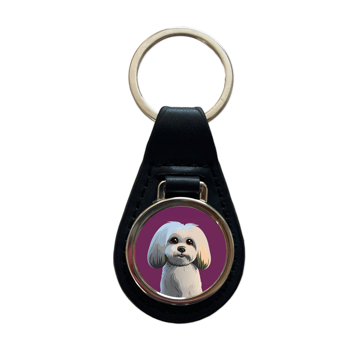 Maltese Dog Cute Black Leather Metal Keychain