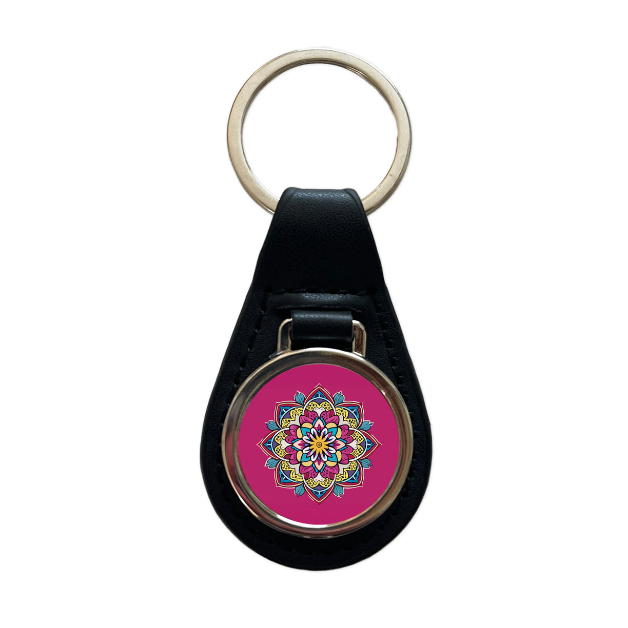 Mandala Colorful Beautiful Black Leather Metal Keychain