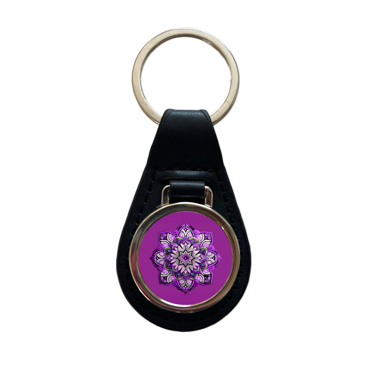 Mandala Purple Black Leather Metal Keychain