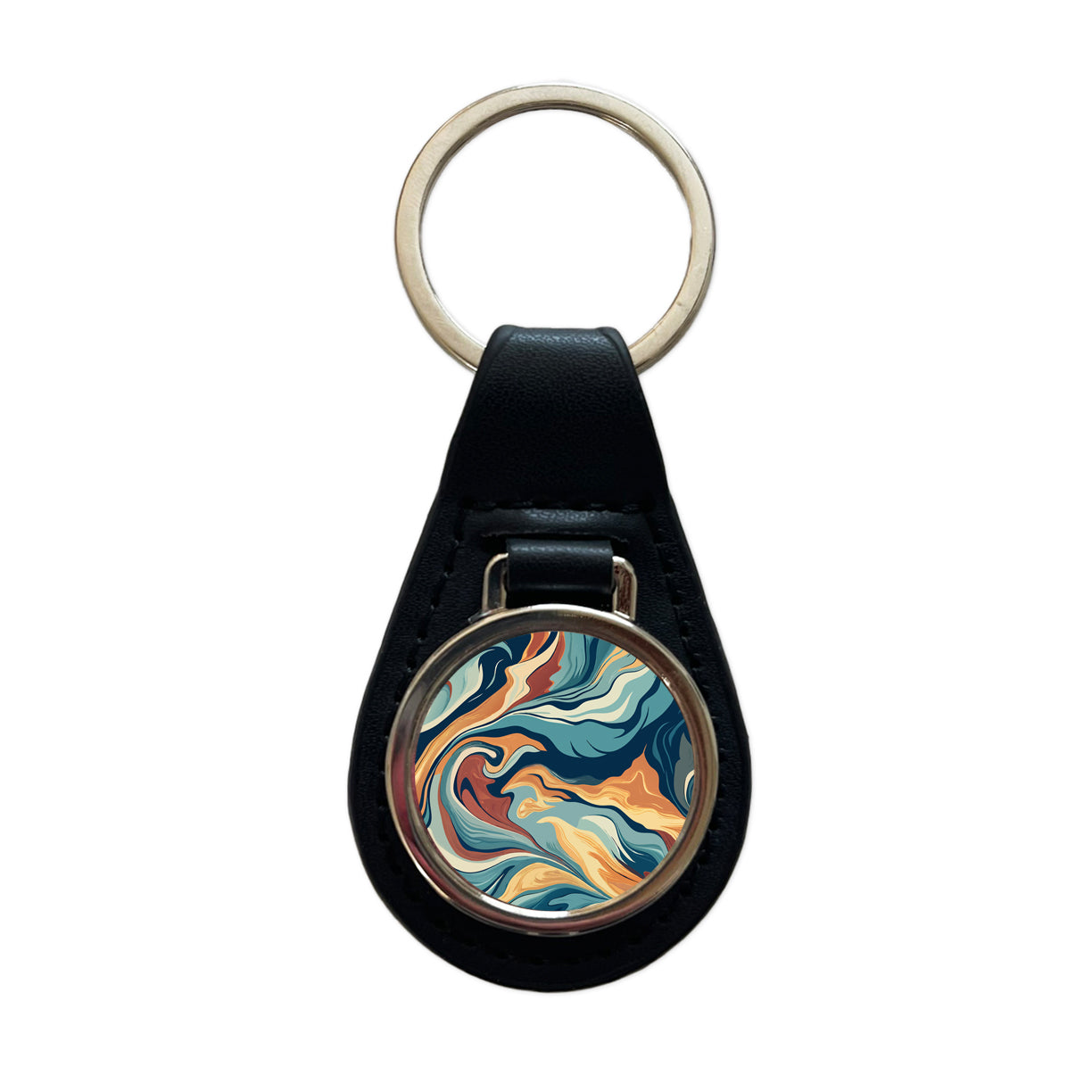 Marble Design Black Leather Metal Keychain