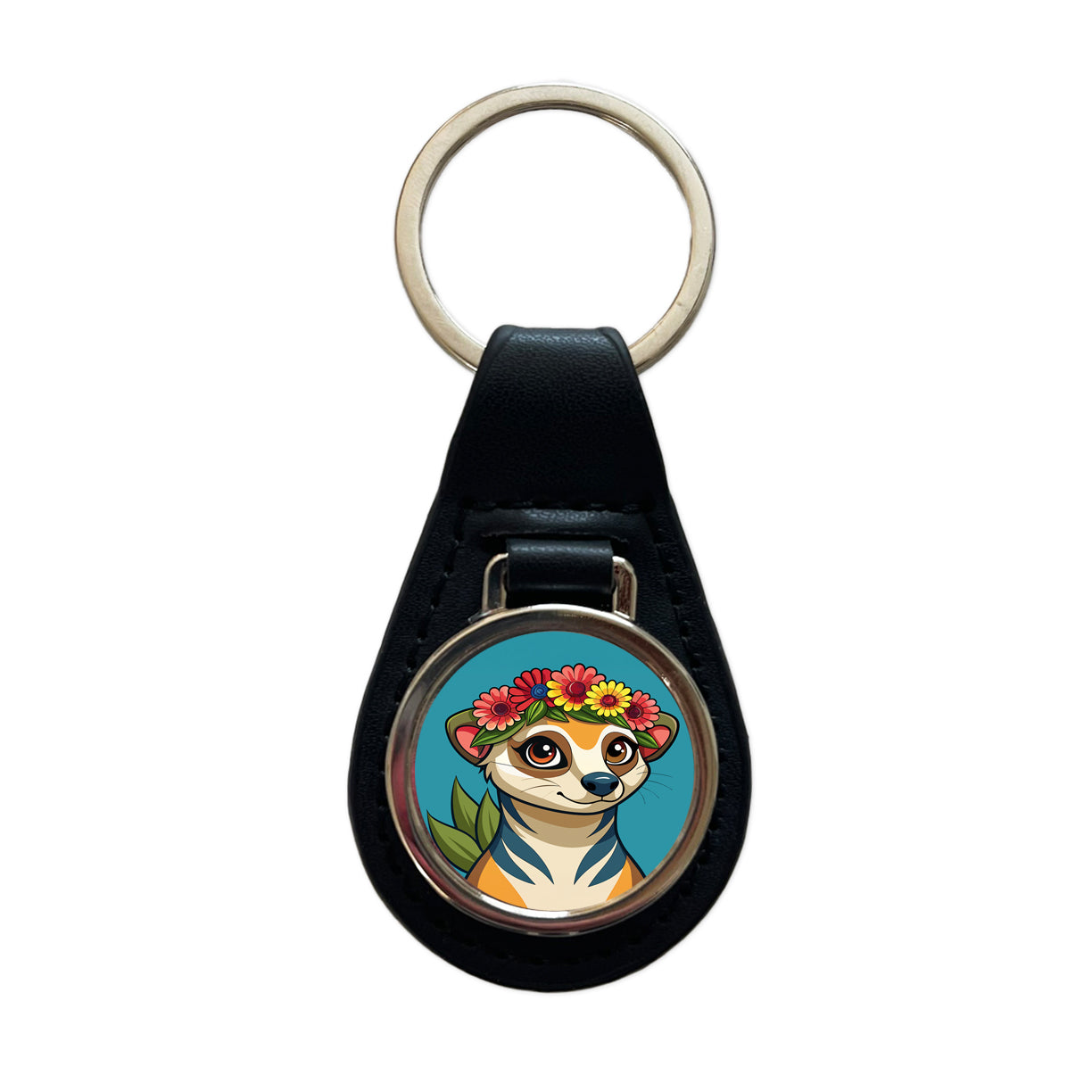 Meerkat Floral Flowers Black Leather Metal Keychain