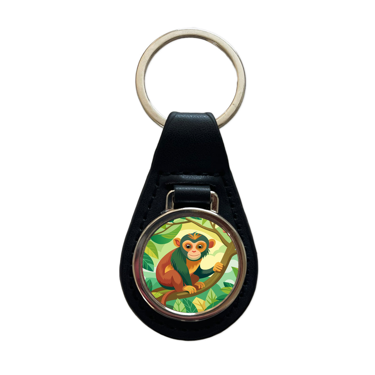 Monkey in Tree Black Leather Metal Keychain