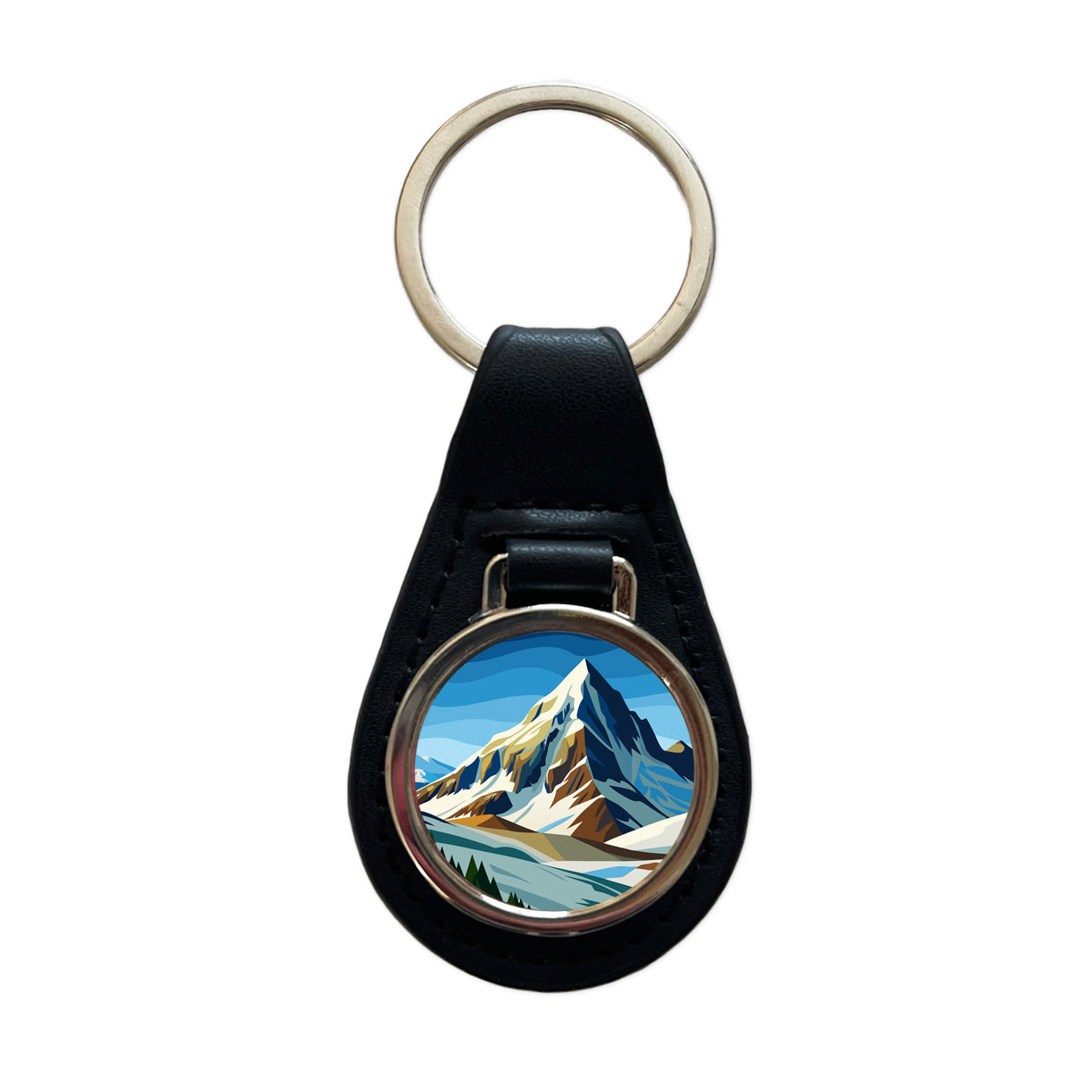 Mountain Slope Rugged Black Leather Metal Keychain