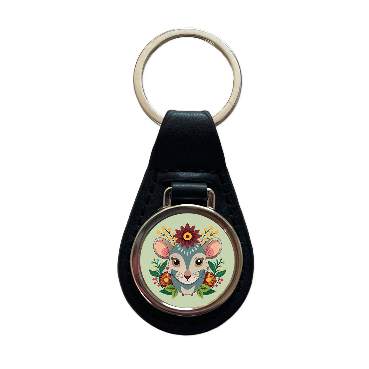 Mouse Floral Flowers Black Leather Metal Keychain