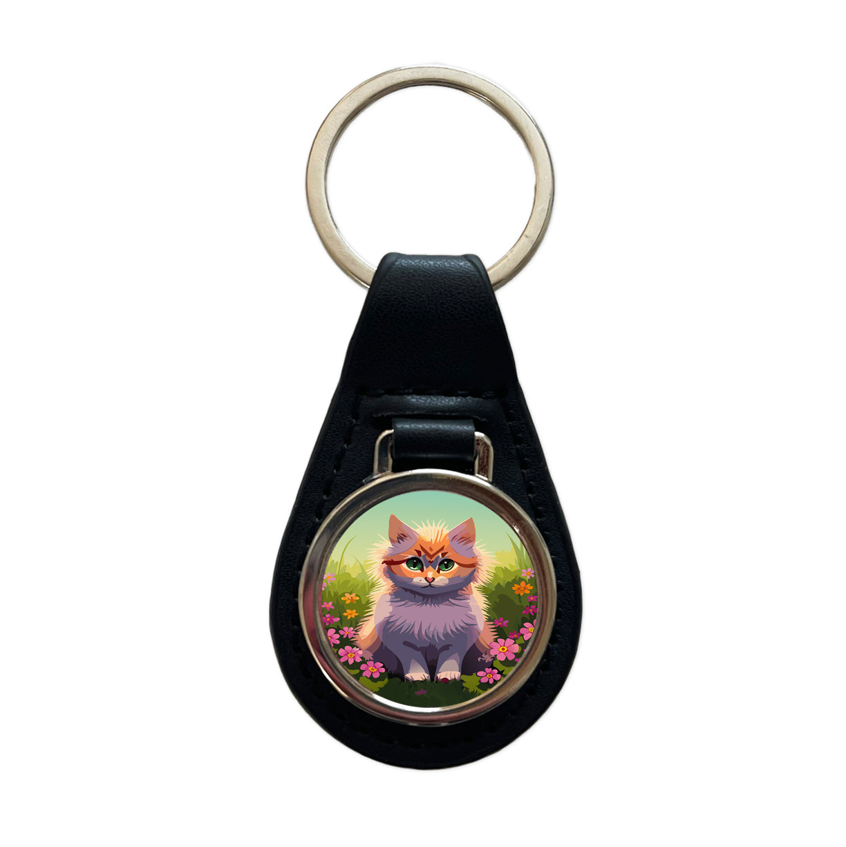Munchkin Cat in Flower Garden Black Leather Metal Keychain