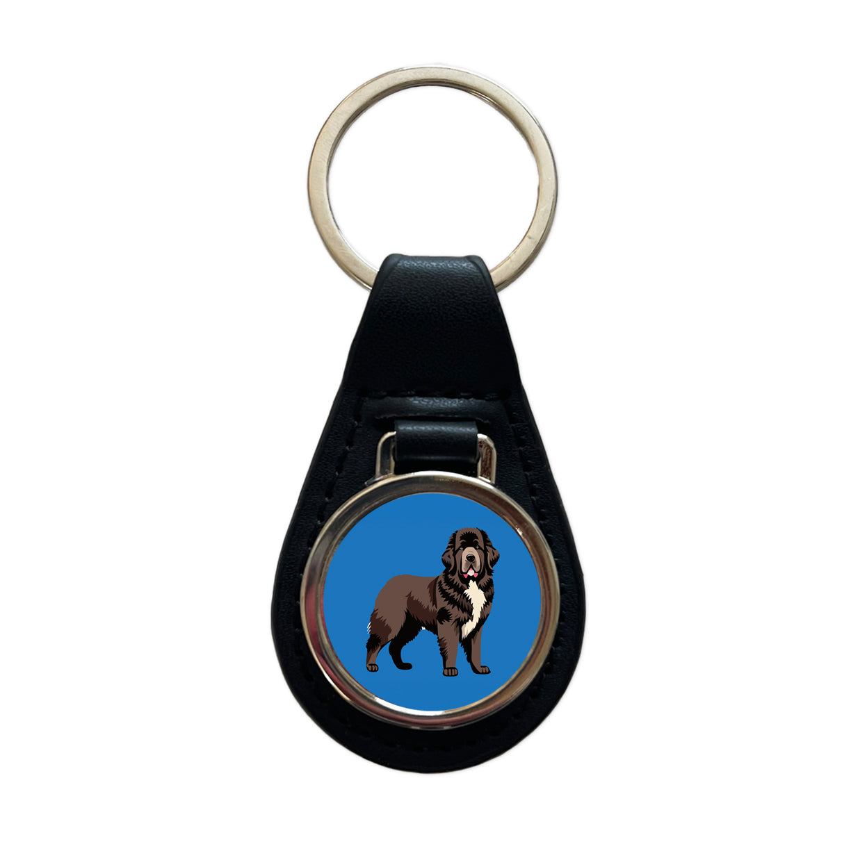 Newfoundland Dog Standing Black Leather Metal Keychain