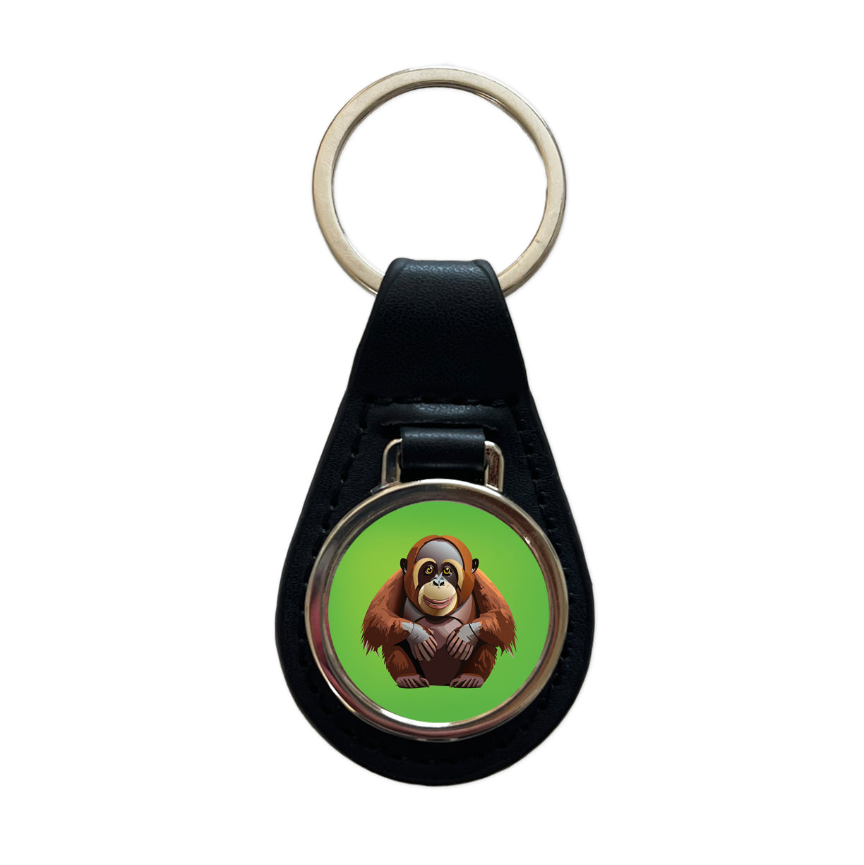 Orangutan Great Ape Sitting Black Leather Metal Keychain
