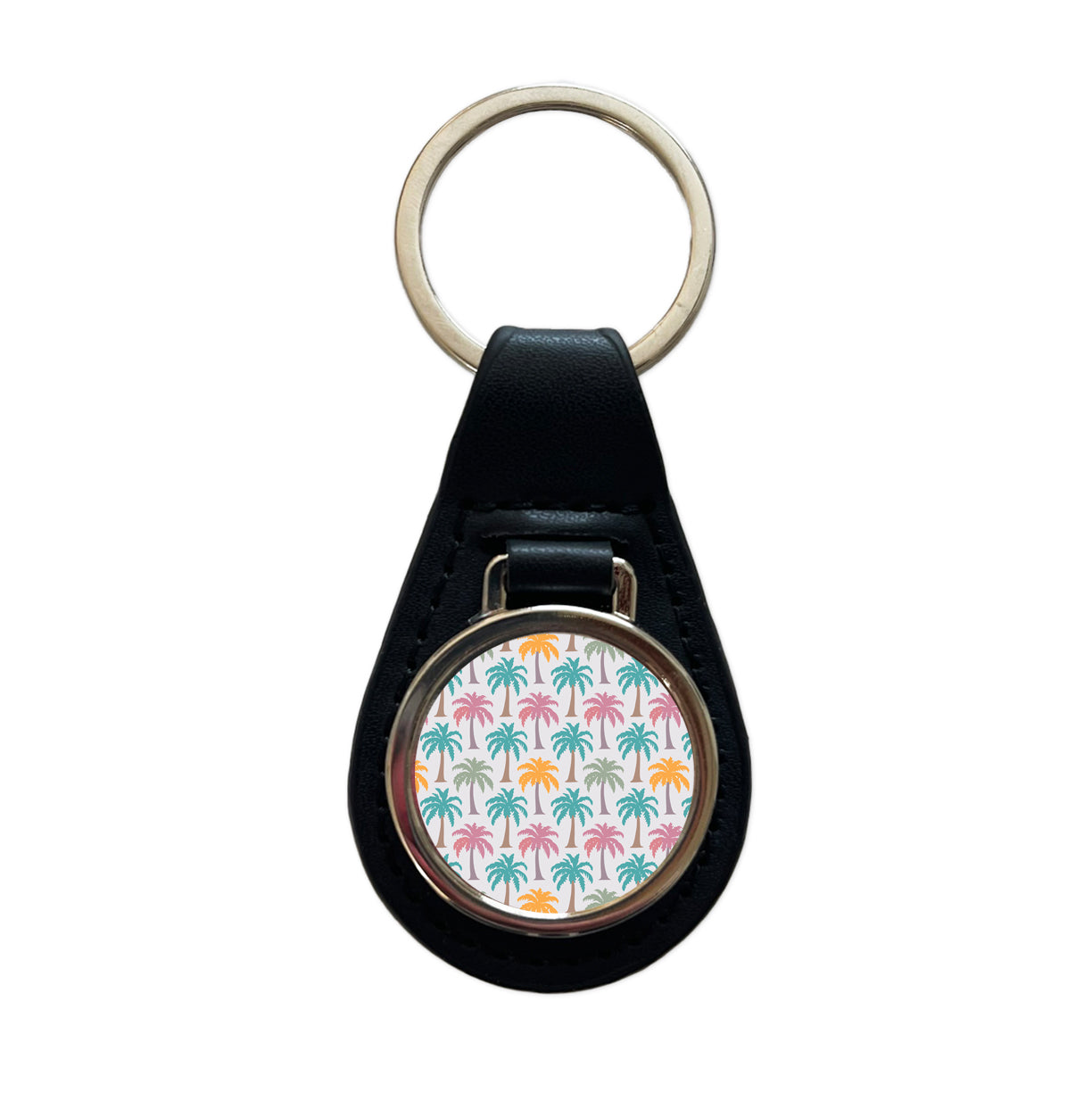 Palm Trees Tropical Pastel Pattern Black Leather Metal Keychain