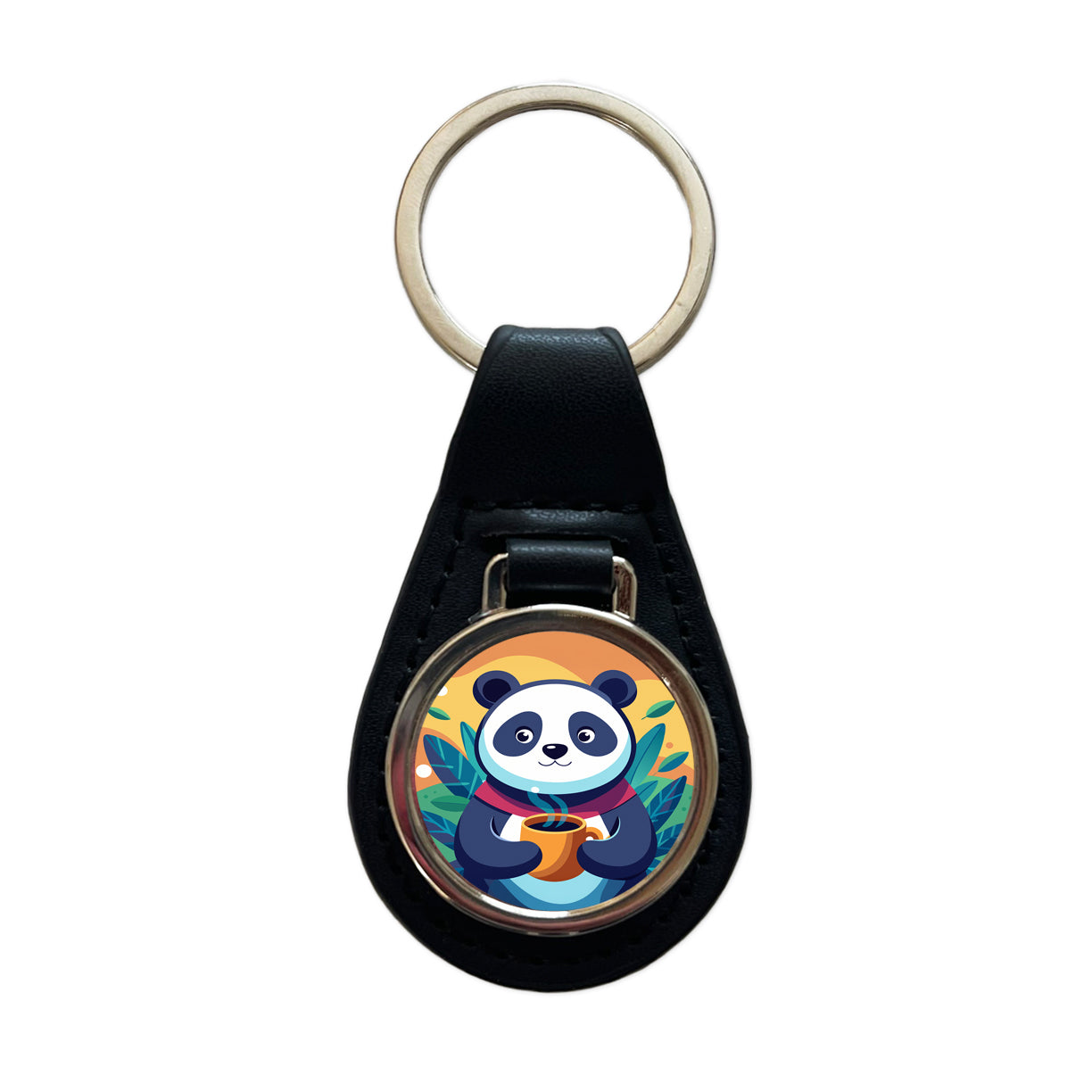Panda Drinking Coffee Black Leather Metal Keychain