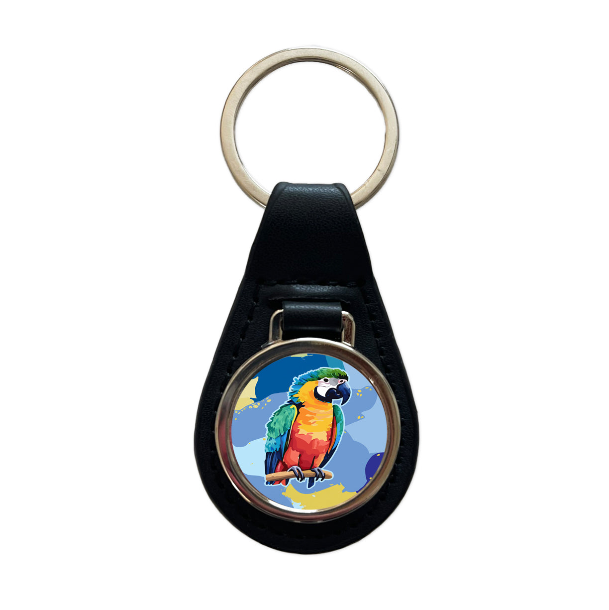 Parrot Bird Colorful Watercolor Black Leather Metal Keychain