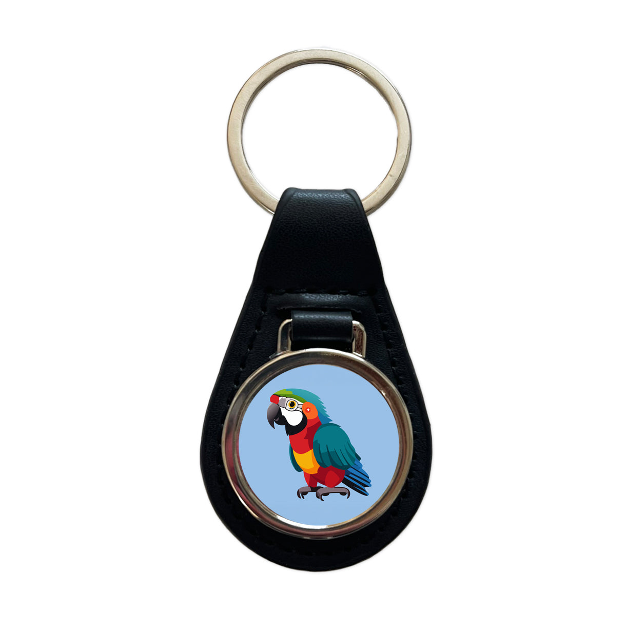 Parrot Bird Colorful Black Leather Metal Keychain