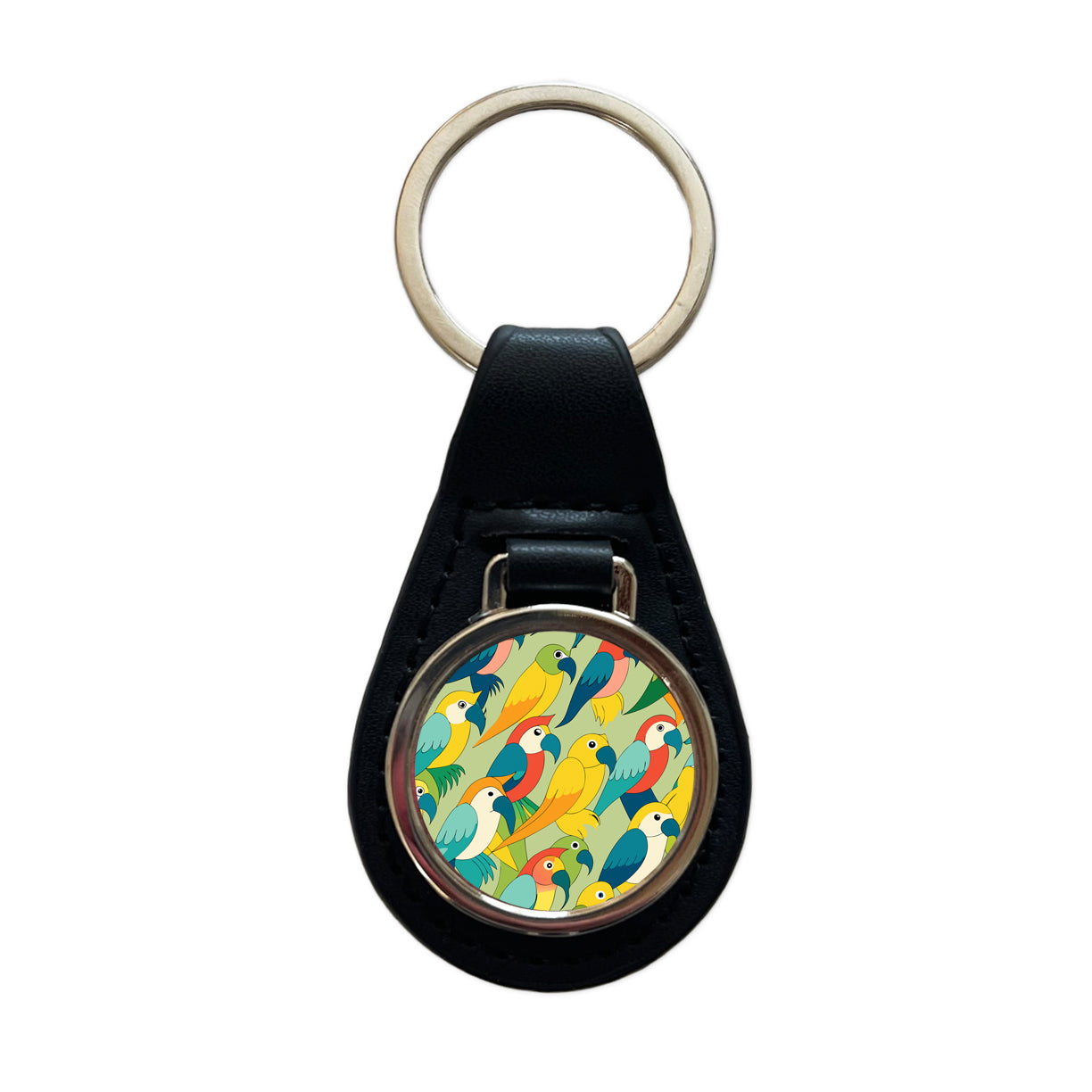 Parrots Pattern Black Leather Metal Keychain