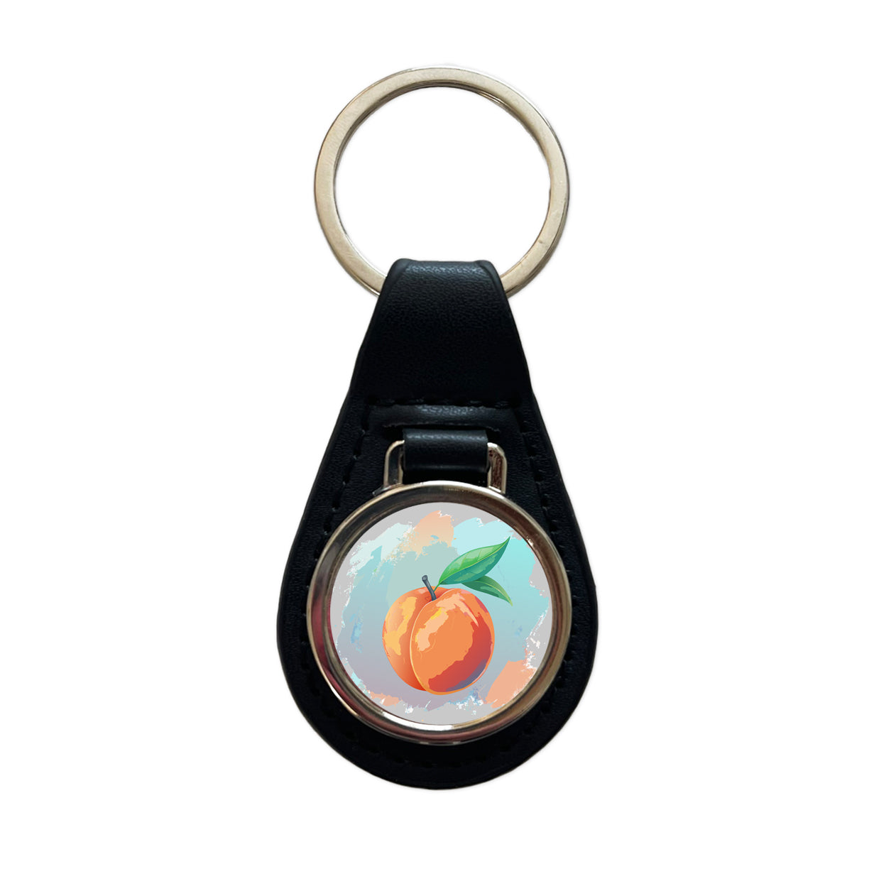 Peach Fruit Watercolor Black Leather Metal Keychain