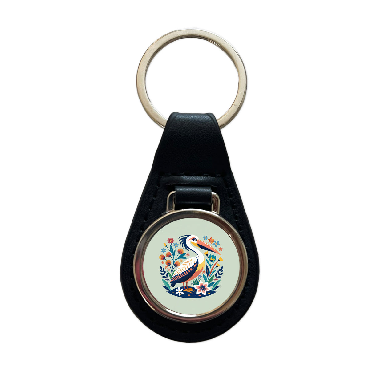 Pelican Bird Floral Flowers Black Leather Metal Keychain