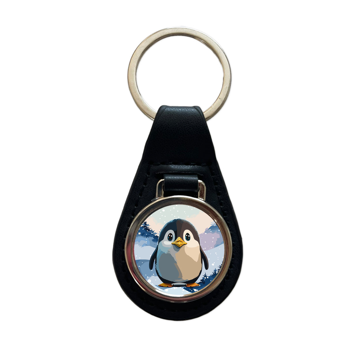 Penguin Staring Black Leather Metal Keychain
