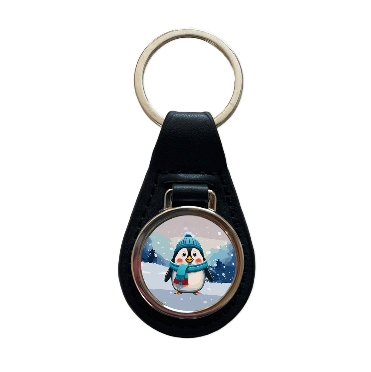 Penguin Winter Wearing Hat Scarf Cute Black Leather Metal Keychain