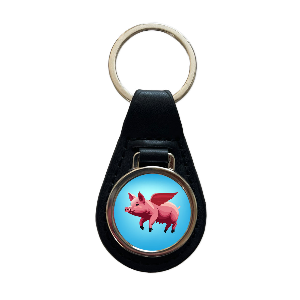 Pig Flying Funny Black Leather Metal Keychain