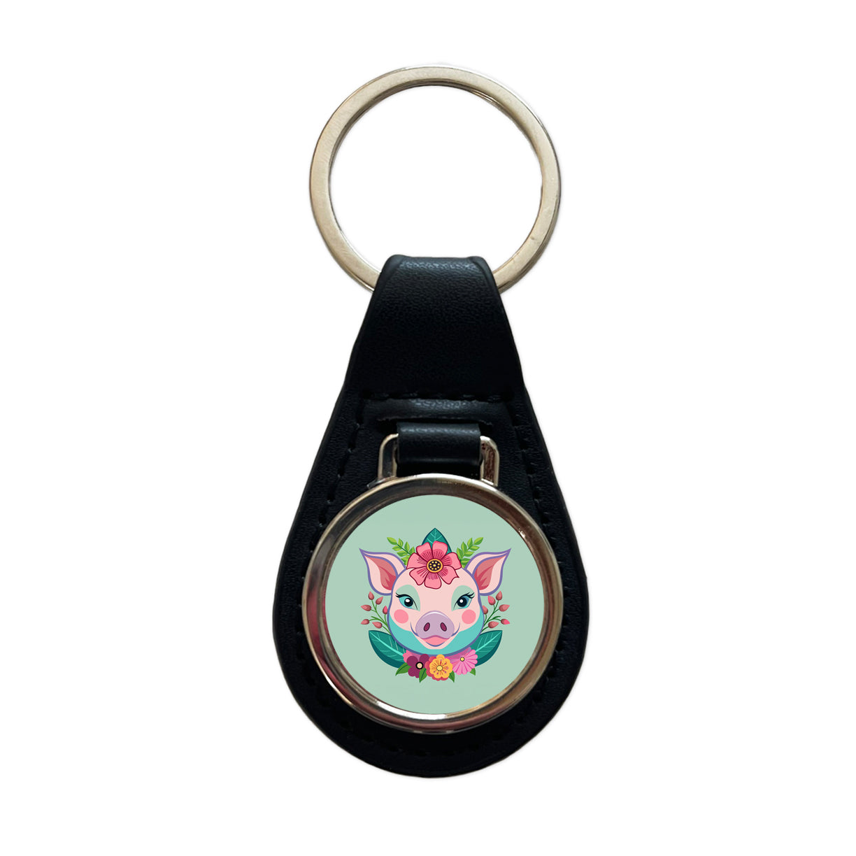 Pig Head Floral Flowers Black Leather Metal Keychain