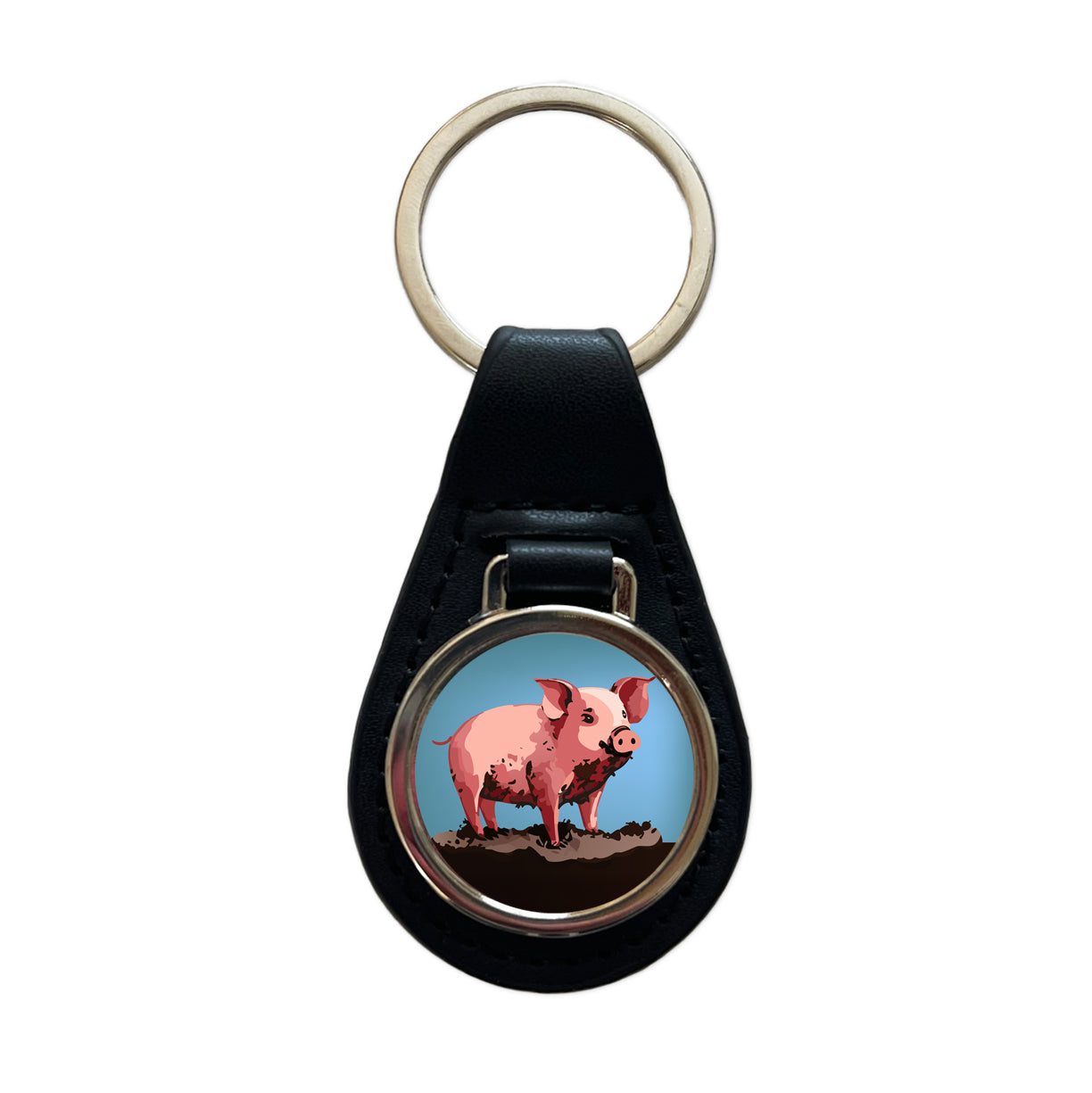 Pig in Mud Black Leather Metal Keychain