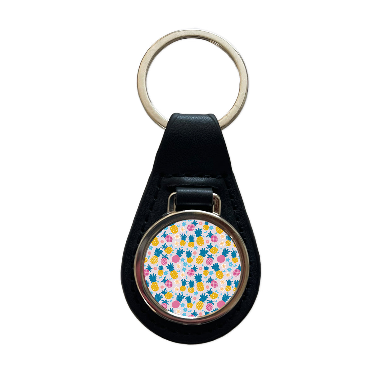 Pineapples Tropical Flowers Pattern Black Leather Metal Keychain