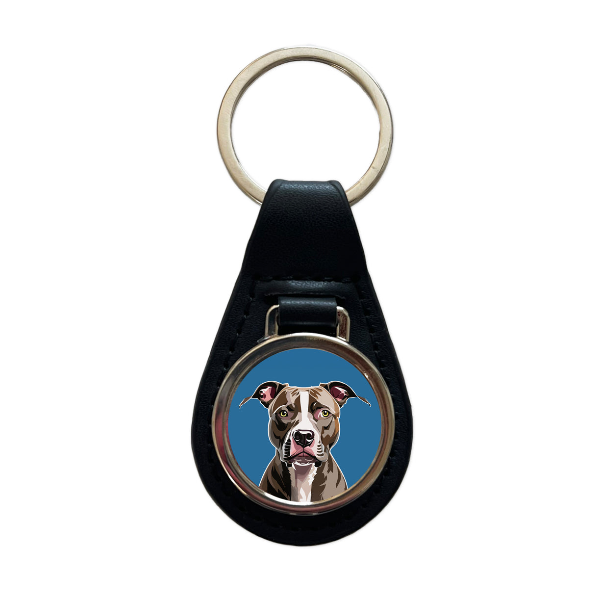 Pit Bull Dog Face Staring Black Leather Metal Keychain