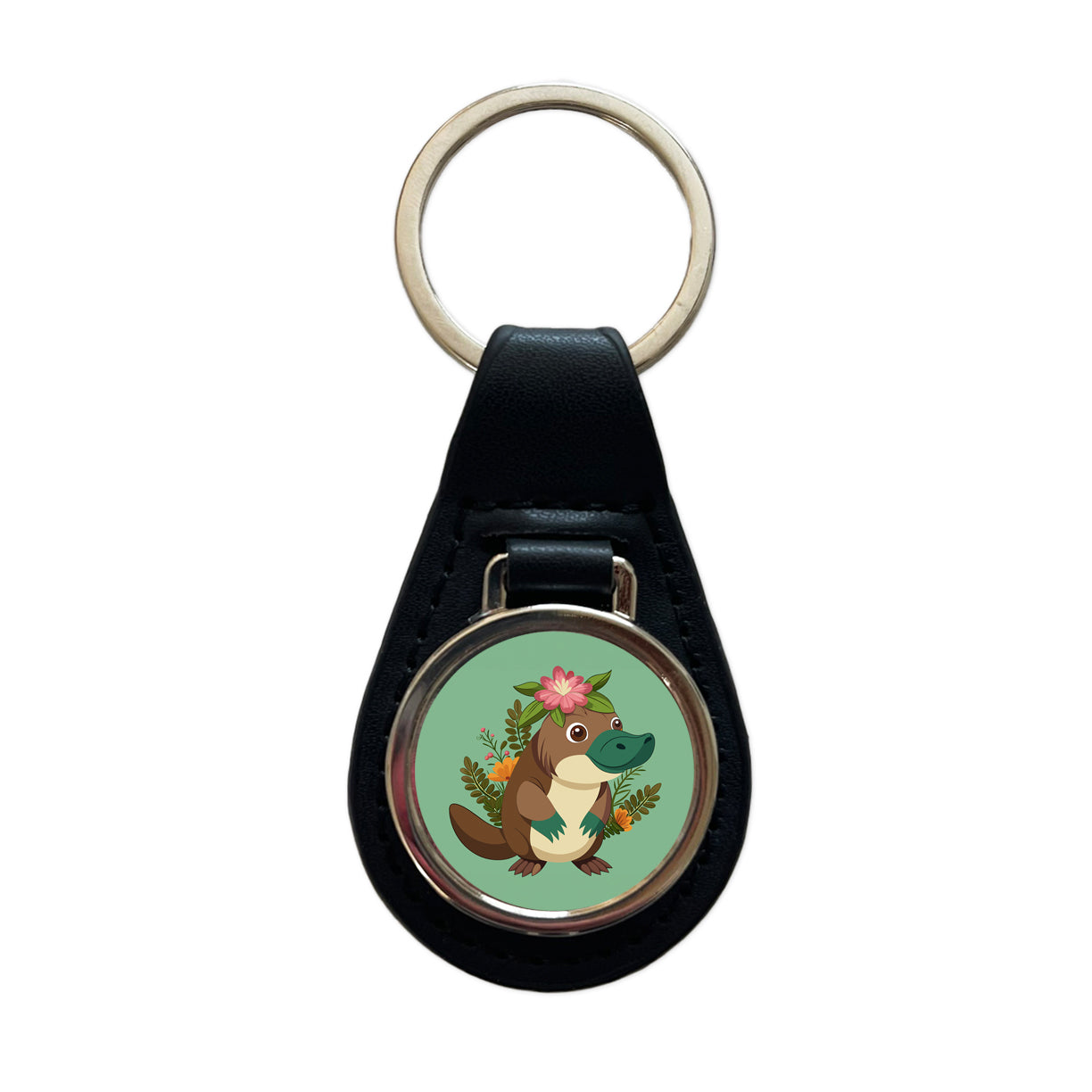 Platypus Floral Flowers Black Leather Metal Keychain