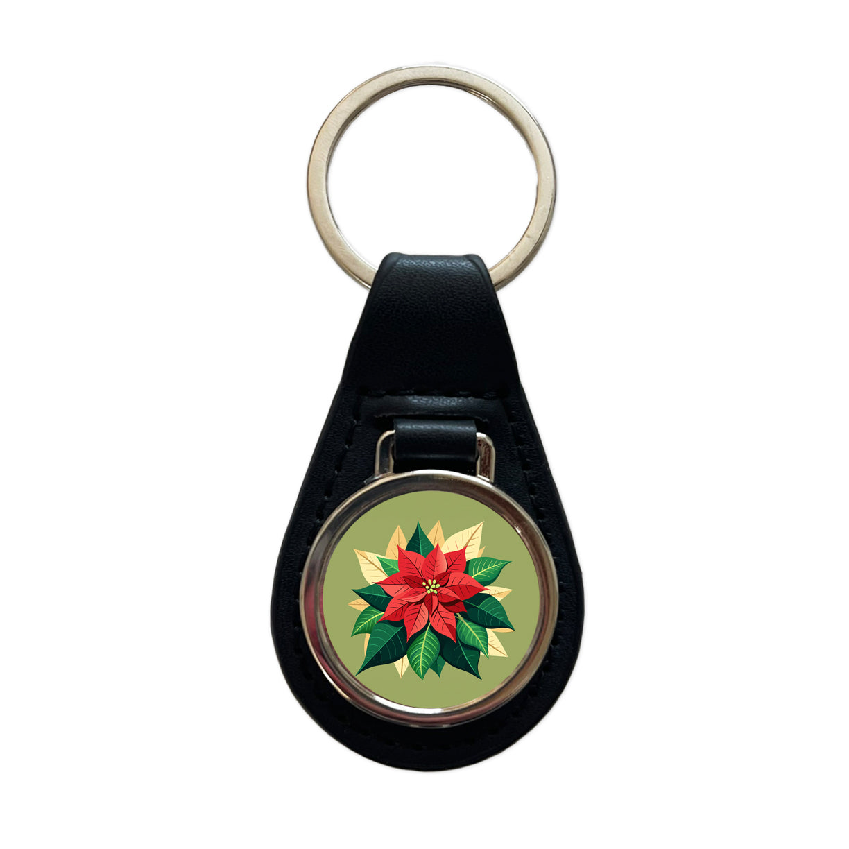 Poinsettia Plant Christmas Decoration Black Leather Metal Keychain