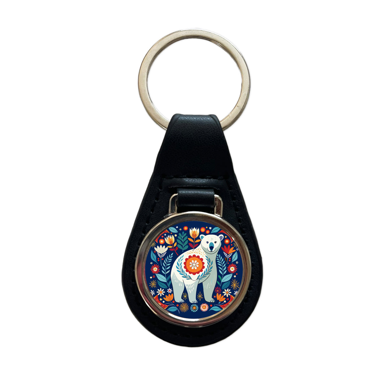 Polar Bear Floral Motif Black Leather Metal Keychain