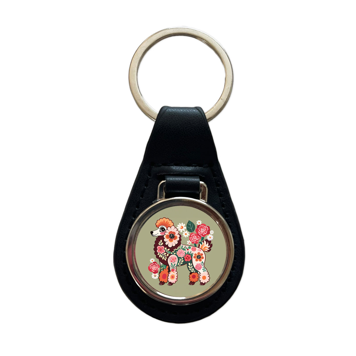 Poodle Dog Floral Motif Black Leather Metal Keychain