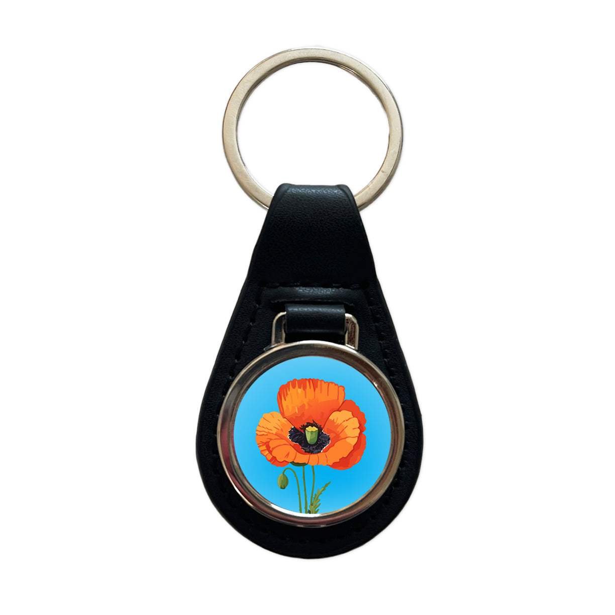 Poppy Flower Orange Black Leather Metal Keychain