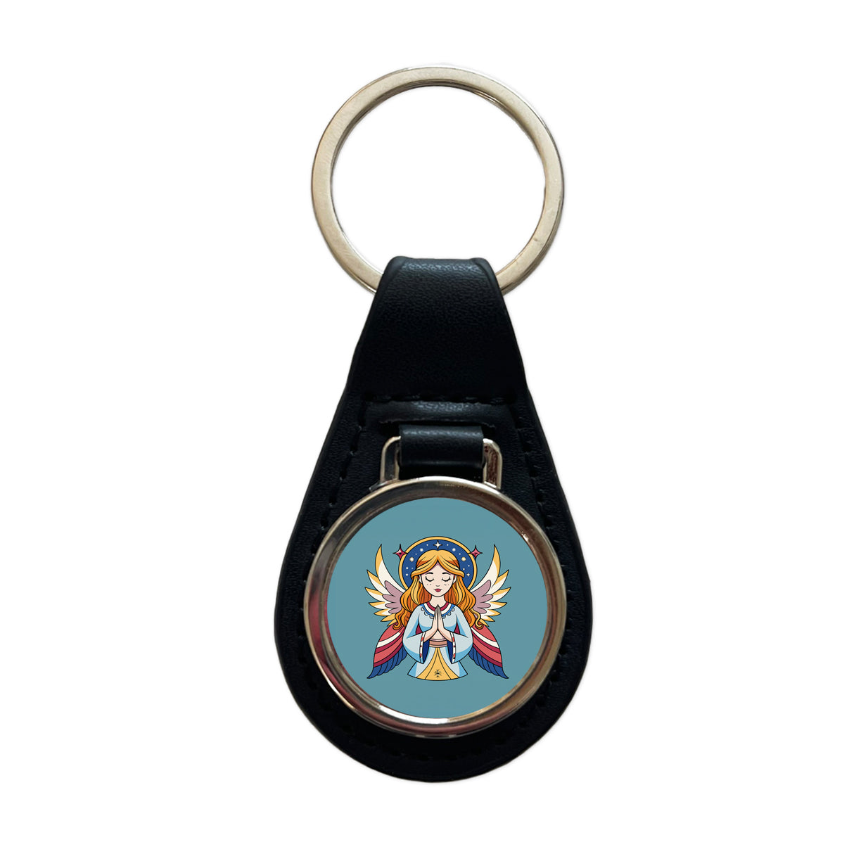 Praying Angel Christian Inspirational Prayer Black Leather Metal Keychain