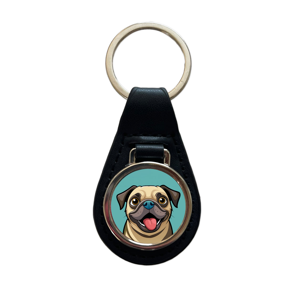 Pug Cute Sticking out Tongue Black Leather Metal Keychain