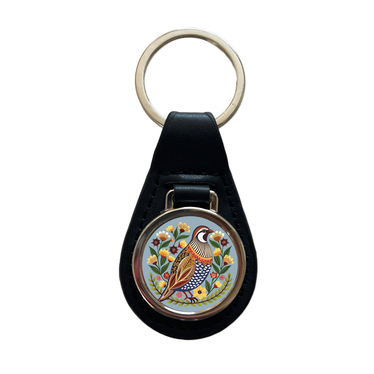 Quail Bird Floral Flowers Black Leather Metal Keychain