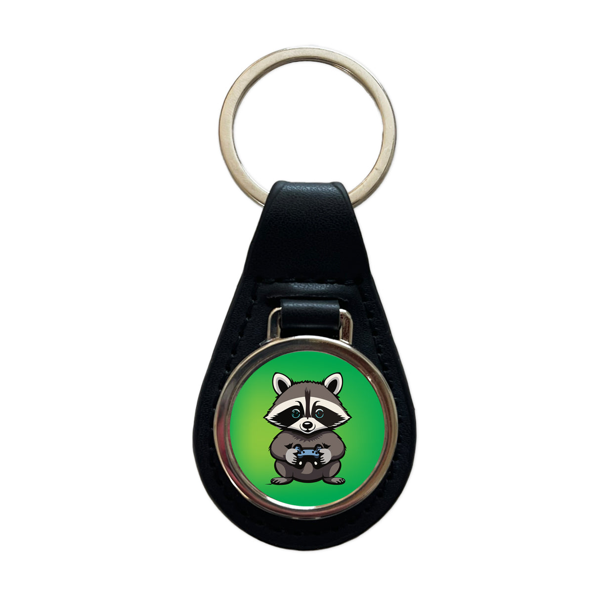 Raccoon Gamer Gaming Playing Game Black Leather Metal Keychain