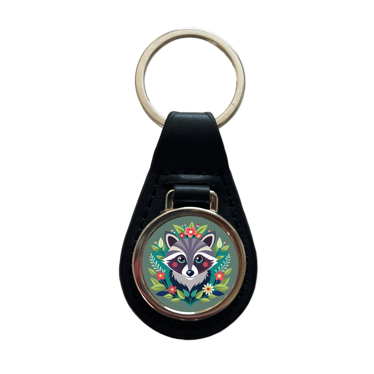 Raccoon in Floral Wreath Black Leather Metal Keychain