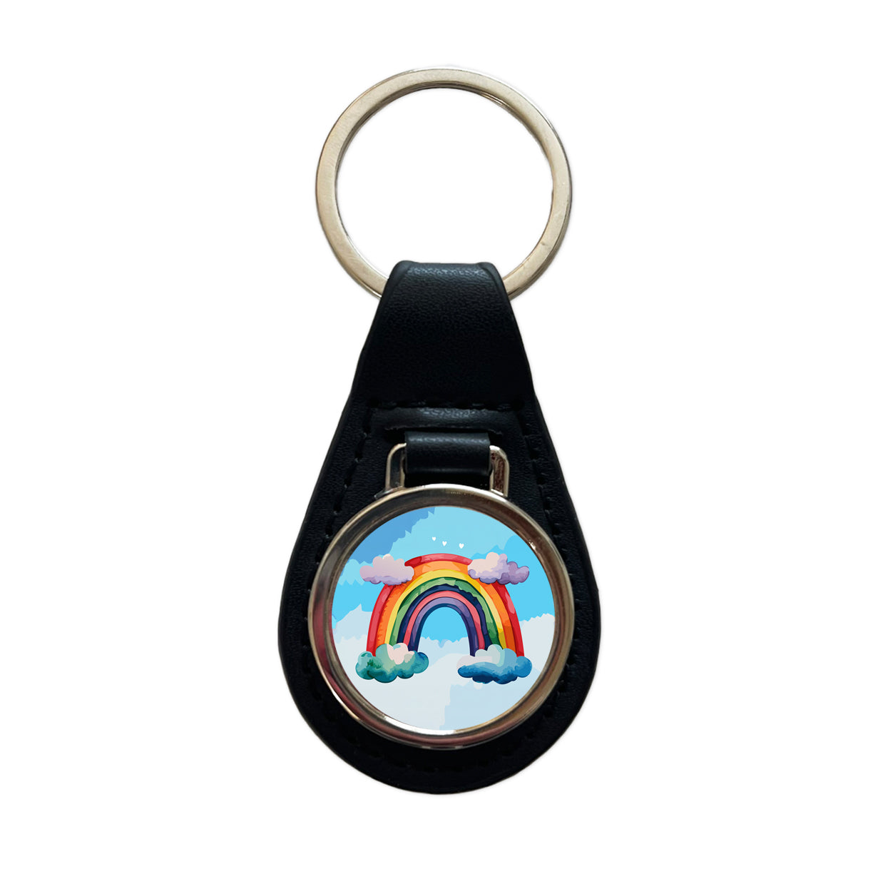 Rainbow and Clouds Watercolor Black Leather Metal Keychain