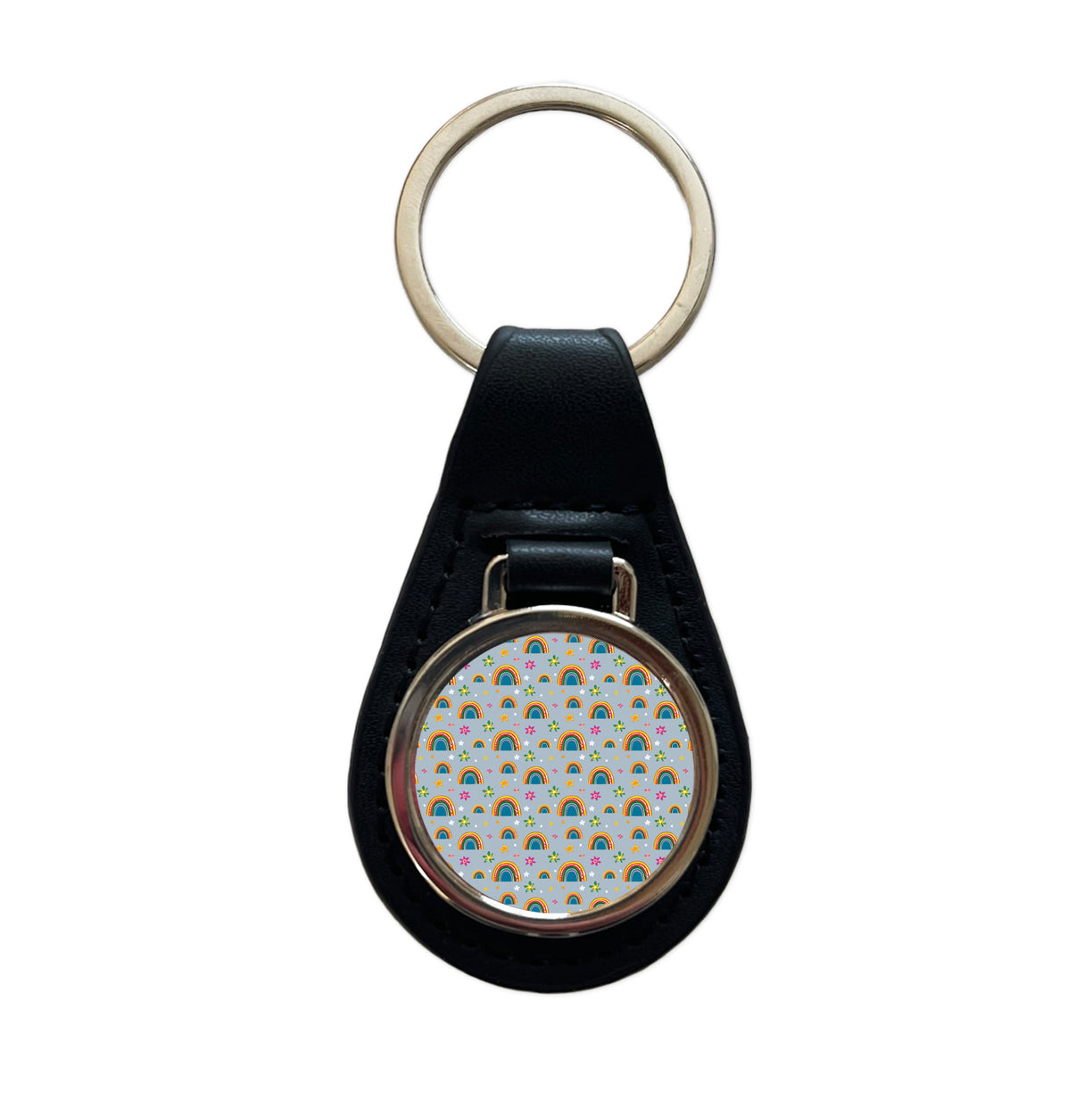 Rainbows and Stars Pattern Black Leather Metal Keychain
