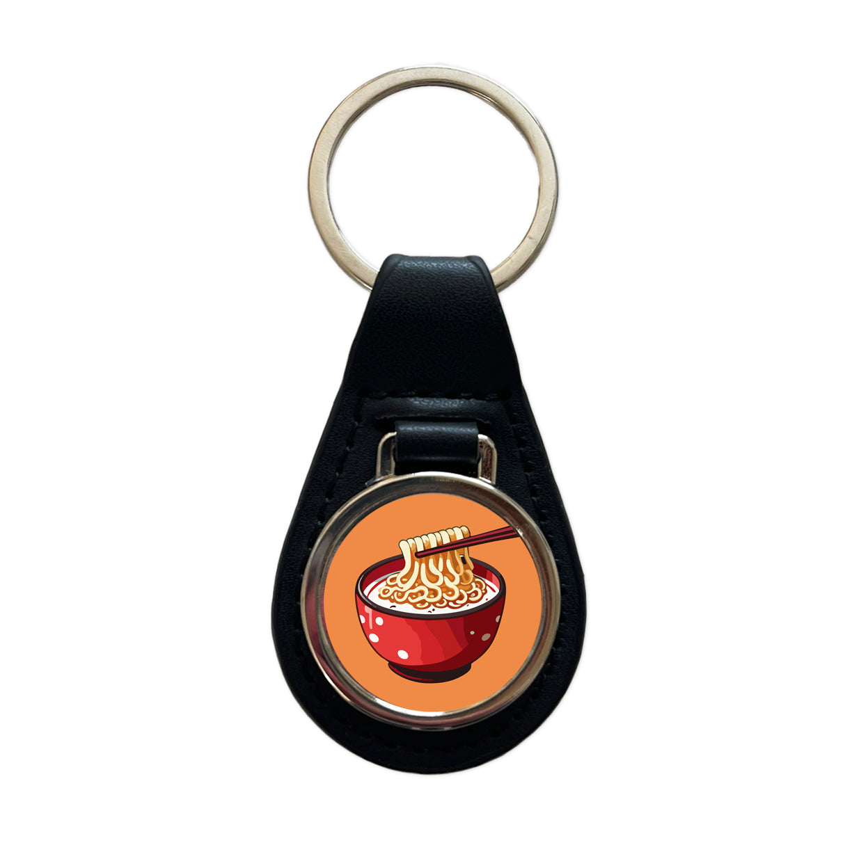 Ramen Red Bowl Chopsticks Food Black Leather Metal Keychain
